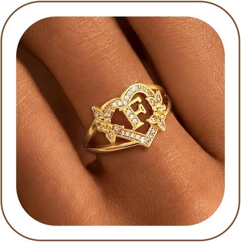 ZOERAY Initial Gold Rings for Women Non Tarnish Dainty 14K Gold Plated Vintage Statement Heart Ring Cute Letter A-Z Carved Cubic Zirconia Stackable Thumb Rings Size 6-10 Personalized Jewelry Gifts in Saudi Arabia