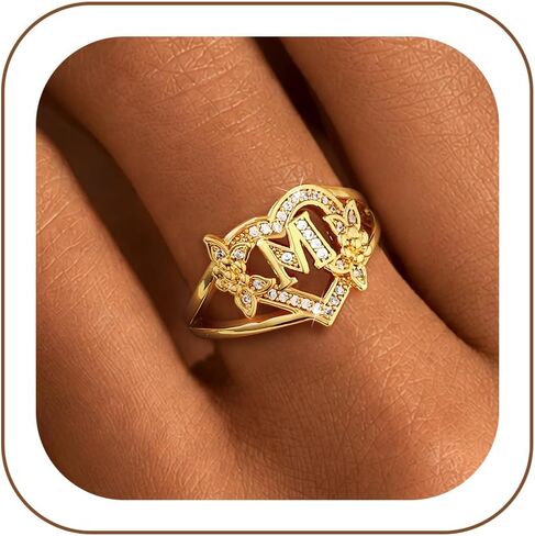 ZOERAY Initial Gold Rings for Women Non Tarnish Dainty 14K Gold Plated Vintage Statement Heart Ring Cute Letter A-Z Carved Cubic Zirconia Stackable Thumb Rings Size 6-10 Personalized Jewelry Gifts in Saudi Arabia