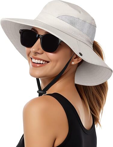 Womens Sun Hat - Sun Hats for Women with Ponytail Hole, Foldable Wide Brim Cooling Mesh Beach Fishing Hat for Outdoor in Kuwait