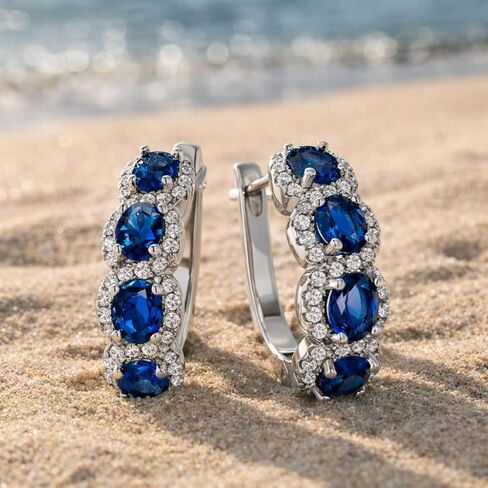 Amy & Annette Blue Sapphire Earrings - 18k White Gold Plated Halo Earring for Women - Great Gift Idea for Every Occasion in Saudi Arabia