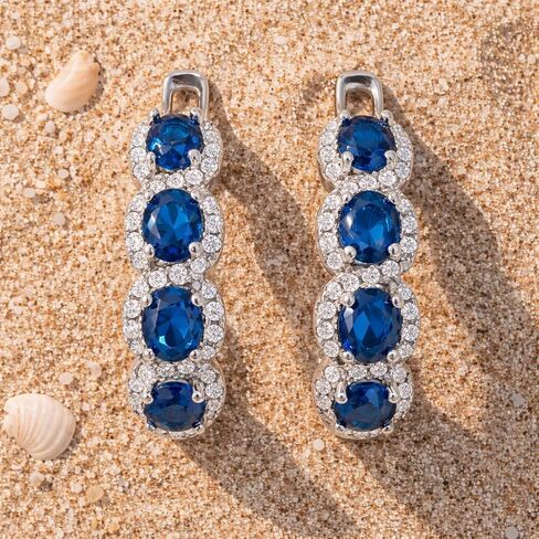 Amy & Annette Blue Sapphire Earrings - 18k White Gold Plated Halo Earring for Women - Great Gift Idea for Every Occasion in Saudi Arabia