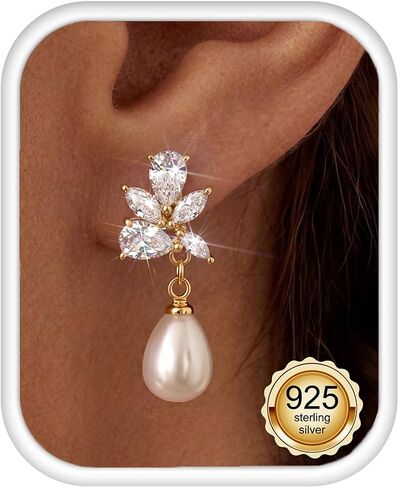 LOLIAS 925 Sterling Silver Dangle Earrings for Women - 14k Gold Plated Pearl Drop Earring Dainty Statement Earrings Prom Wedding Bridal Earring Long Dangling Cubic Zirconia Pearl Earring Trendy Jewelry in Kuwait