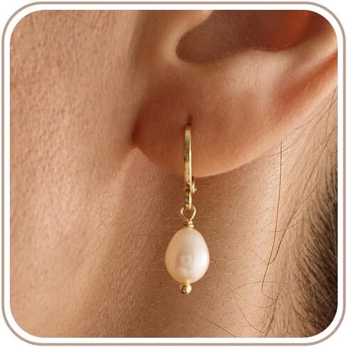 Gold Pearl Earrings for Women Trendy Hypoallergenic 14K Plated Gold Hoop Huggie Earrings Dainty Freshwater Pearl Drop Dangle Bridesmaid Brides Wedding Earring Gold Jewelry for Women Gifts in Saudi Arabia