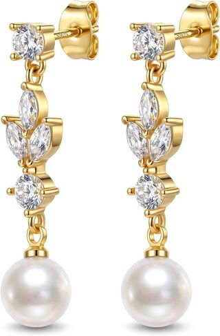 LOLIAS 925 Sterling Silver Dangle Earrings for Women - 14k Gold Plated Pearl Drop Earring Dainty Statement Earrings Prom Wedding Bridal Earring Long Dangling Cubic Zirconia Pearl Earring Trendy Jewelry in Kuwait