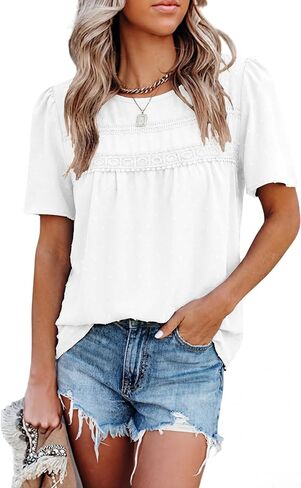 Totatuit بوهو بلايز للنساء الشيفون قمصان عادية قصيرة الأكمام فلوي الدانتيل تنحنح بلوزة Crewneck سترة علوية in Kuwait