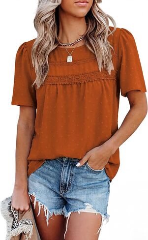 Totatuit بوهو بلايز للنساء الشيفون قمصان عادية قصيرة الأكمام فلوي الدانتيل تنحنح بلوزة Crewneck سترة علوية in Kuwait