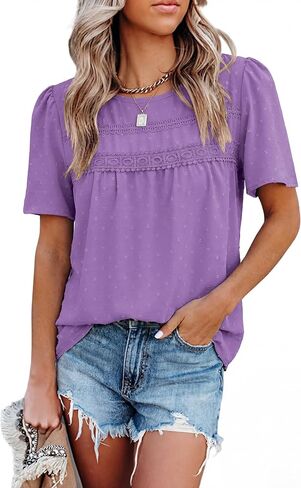 Totatuit بوهو بلايز للنساء الشيفون قمصان عادية قصيرة الأكمام فلوي الدانتيل تنحنح بلوزة Crewneck سترة علوية in Kuwait