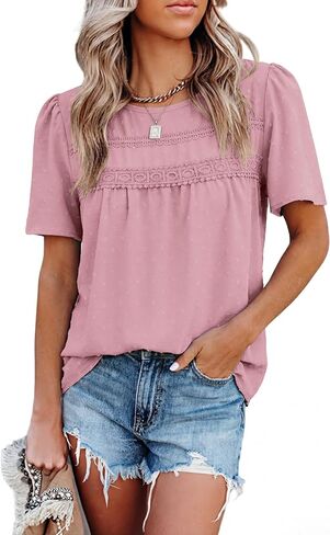 Totatuit بوهو بلايز للنساء الشيفون قمصان عادية قصيرة الأكمام فلوي الدانتيل تنحنح بلوزة Crewneck سترة علوية in Kuwait