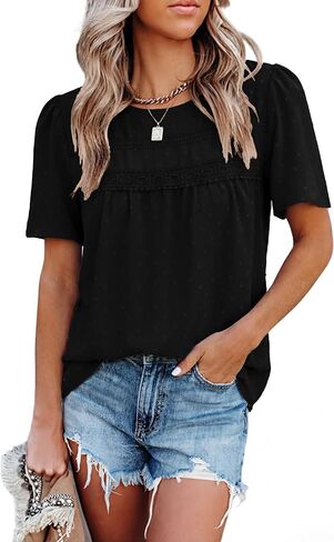 Totatuit بوهو بلايز للنساء الشيفون قمصان عادية قصيرة الأكمام فلوي الدانتيل تنحنح بلوزة Crewneck سترة علوية in Kuwait