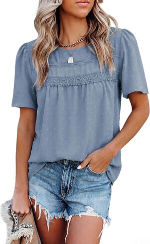 Totatuit بوهو بلايز للنساء الشيفون قمصان عادية قصيرة الأكمام فلوي الدانتيل تنحنح بلوزة Crewneck سترة علوية in Kuwait