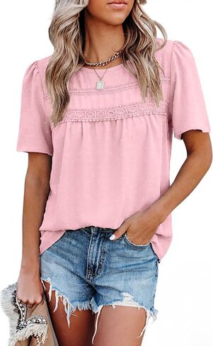 Totatuit بوهو بلايز للنساء الشيفون قمصان عادية قصيرة الأكمام فلوي الدانتيل تنحنح بلوزة Crewneck سترة علوية in Kuwait