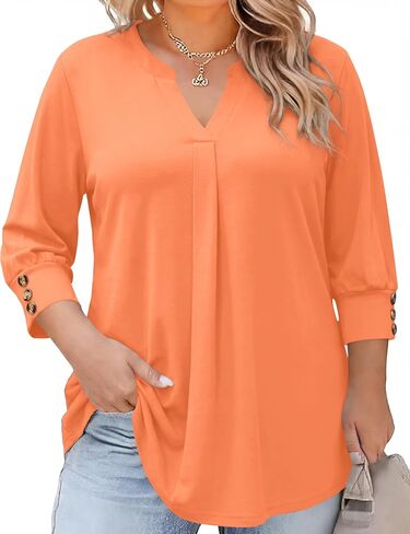 TFSDOD Womens Plus Size Tops 3/4 Length Sleeve Womens Tops V Neck Blouses Pleated Tunic Plus Size Fashion (1X-5X) in Saudi Arabia