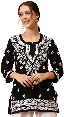 Ada Indian Hand Embroidered Chikankari Muslin Short Kurti Tunic Top for Women A911420 in Kuwait