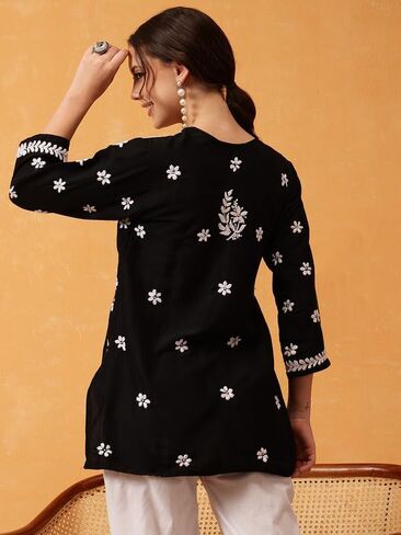 Ada Indian Hand Embroidered Chikankari Muslin Short Kurti Tunic Top for Women A911420 in Kuwait