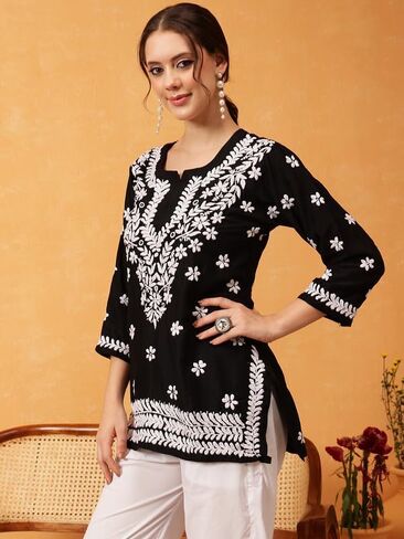 Ada Indian Hand Embroidered Chikankari Muslin Short Kurti Tunic Top for Women A911420 in Kuwait