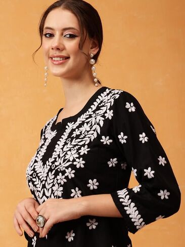Ada Indian Hand Embroidered Chikankari Muslin Short Kurti Tunic Top for Women A911420 in Kuwait