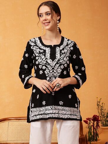 Ada Indian Hand Embroidered Chikankari Muslin Short Kurti Tunic Top for Women A911420 in Kuwait