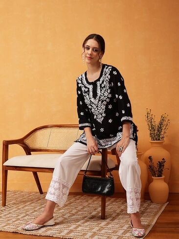 Ada Indian Hand Embroidered Chikankari Muslin Short Kurti Tunic Top for Women A911420 in Kuwait