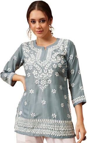 Ada Indian Hand Embroidered Chikankari Muslin Short Kurti Tunic Top for Women A911420 in Kuwait