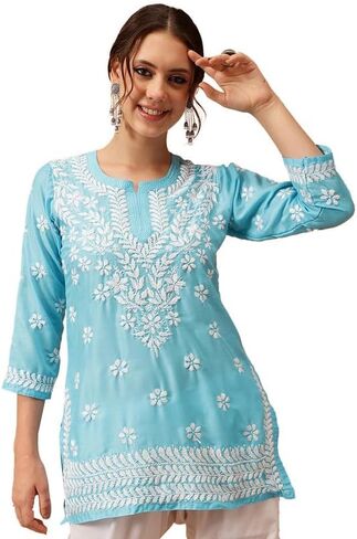 Ada Indian Hand Embroidered Chikankari Muslin Short Kurti Tunic Top for Women A911420 in Kuwait