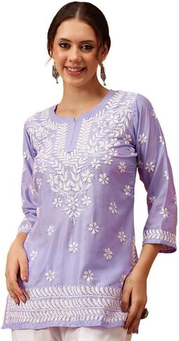 Ada Indian Hand Embroidered Chikankari Muslin Short Kurti Tunic Top for Women A911420 in Kuwait