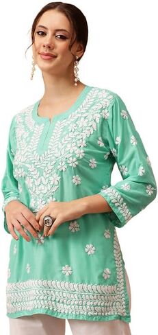 Ada Indian Hand Embroidered Chikankari Muslin Short Kurti Tunic Top for Women A911420 in Kuwait
