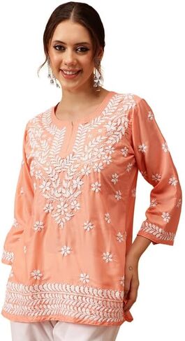 Ada Indian Hand Embroidered Chikankari Muslin Short Kurti Tunic Top for Women A911420 in Kuwait