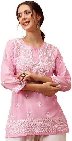 Ada Indian Hand Embroidered Chikankari Muslin Short Kurti Tunic Top for Women A911420 in Kuwait