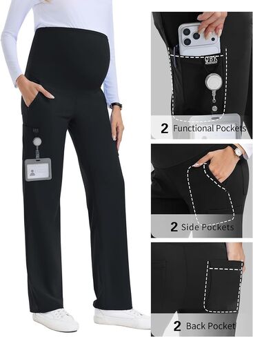 QBK Women's Maternity Scrub Pants Straight Cargo Work Pants with 6 Pockets 4-Way Stretch in Kuwait