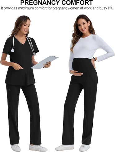 QBK Women's Maternity Scrub Pants Straight Cargo Work Pants with 6 Pockets 4-Way Stretch in Kuwait
