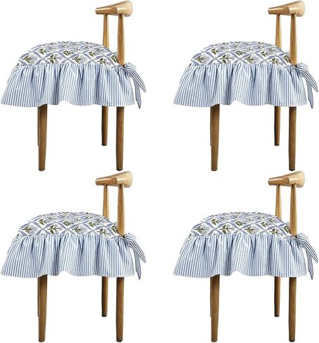 4 Pcs Ruffle Chair Cushion Covers Cotton Blend 17.5"x17.5", Floral Block Print Decoration Farmhouse French Style Seat Covers with Tie Backs for Kitchen Dining Chairs in Saudi Arabia