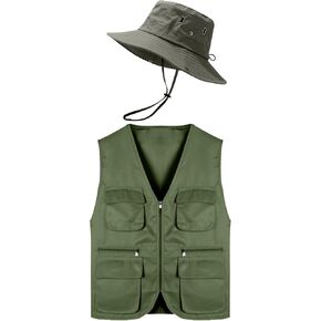 2Pcs Work Fishing Vest Hat Men’s Safari Costume Hunting Waistcoat Utility Vest Multi Pocket Sun Protection Hat in Saudi Arabia