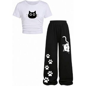 Girls 2 Piece Outfits Cat Graphic Tee & Wide Leg Pants Matching Set, Trendy Summer Casual Clothes, Size 7-14 Years in Kuwait