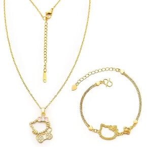 Cute Kitty Gold-Plated Necklace Bracelet Set, Cat Bow Pendant with Simulated Diamonds and Pearls, Adjustable Chain for Women,Kawaii Gift Jewelry (Gold) in Saudi Arabia