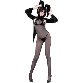 Sexy Bunny Girl Cosplay Lingerie – PU Leather High Cut Leotard with Tailcoat, Rabbit Ears & Tights, 5-Piece Set, One Size Fits Up to S-M (132 lbs) Black in Kuwait