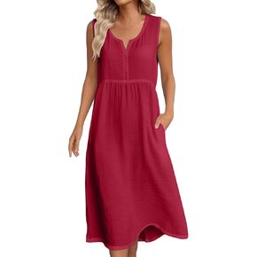 Cotton Summer Dresses for Women 2026 Linen V Neck Casual Loose Fit Dress Sleeveless Comfortable Tank Dresses in Saudi Arabia