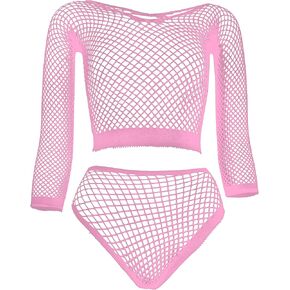 LemonGirl Women Sexy Lingerie Set Rave Outfits Fishnet Long Sleeve Crop Top Sheer One Size US 2-18 in Kuwait