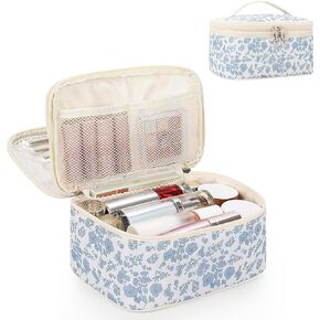 Relavel Travel Makeup Bag, Small Floral Cosmetic Bag with Makeup Brush Compartment, Portable Makeup Pouch for Women, Double Layer Makeup Organizer Bag Cute Toiletry Bag in Saudi Arabia