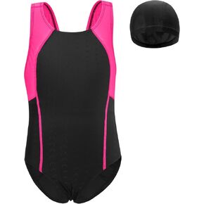 Girls Swimsuits with Cap Kids Athletic Quick Dry One-Piece Racerback Bathing Suits Summer Beach Sports Swimwear 5-12Y in Saudi Arabia