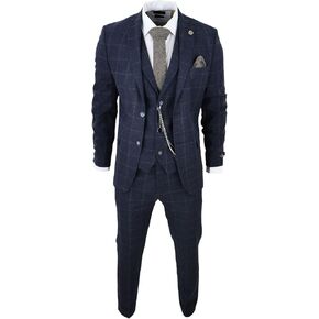 Men's 3 Piece Suit Wool Tweed Navy Blue Brown Check 1920s Gatsby Formal Dress Suits in Saudi Arabia