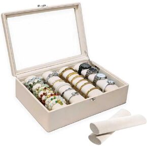 Jewelry Box with Glass Lid Bracelet Holder PU Leather for 4 Horizontal Rods Beige Velvet Watch Case for Women in Kuwait