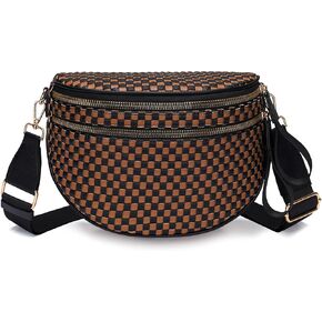 Fashion Checkered Woven Crossbody Bum Bag for Women Vegan Leather Double Zip Sling Purse Fanny Packs Belt Bag with Adjustable Strap for Travel Festival in Saudi Arabia