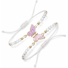 2 Pcs Best Friend Bracelets, Butterfly Friendship Bracelets with Charm Beads, Adjustable Matching Jewelry Gifts for Women Couples (White Purple Pink Gold, 4.72 In)(1) (1) in Saudi Arabia