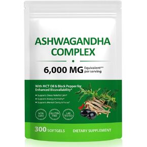 Ashwagandha Extract Softgels, 300 Softgels - with MCT Oil & Black Pepper - Herbal Supplement for Relaxation & Calm Mood in Kuwait