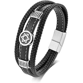Eymi Jewish Star of David Bracelet for Men Black Leather Multi-Layer Braided Bangle Wristband Hanukkah Gift in Saudi Arabia