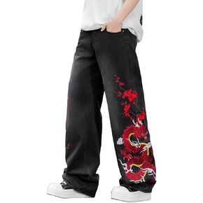 Nutriangee Men's Y2k Hip Hop Baggy Jeans, Embroidered Wide Leg Loose Fit Skater Streetwear Denim Pants in Saudi Arabia