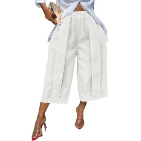 DINGANG Women's Wide Leg Capri Pants High Waisted Pleated Cropped Trousers Ankle Casual Palazzo Pant with Pockets in Kuwait