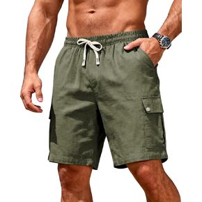 Men's Cotton Linen Cargo Shorts - Elastic Waist with Drawstring, 6 Pockets, Summer Beach Vacation, Casual Lounge in Saudi Arabia
