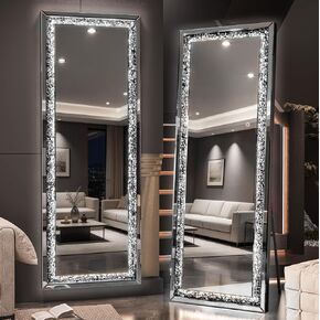LED Over The Door Mirror Full Length 47"x18", Crystal Crush Diamond Full Body Door Mirror with Lights, Door Hanging & Wall Mounted Mirror for Bedroom, Living Room, Cloakroom in Saudi Arabia