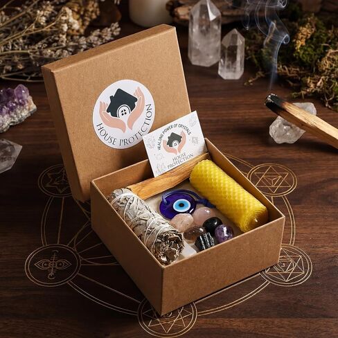 Leinuosen 14 Pcs House Protection Crystal Gift Set Spiritual Cleansing Smudge Sage Smudge Kit Includes Healing Crystals Palo Santo Spiritual Tools New Home Blessing Gift for Negative Energy Removal in Kuwait